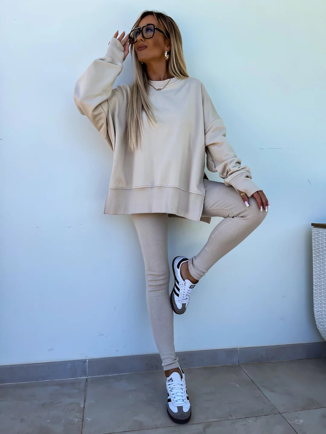 Crew Neck Split Top Leggings Set