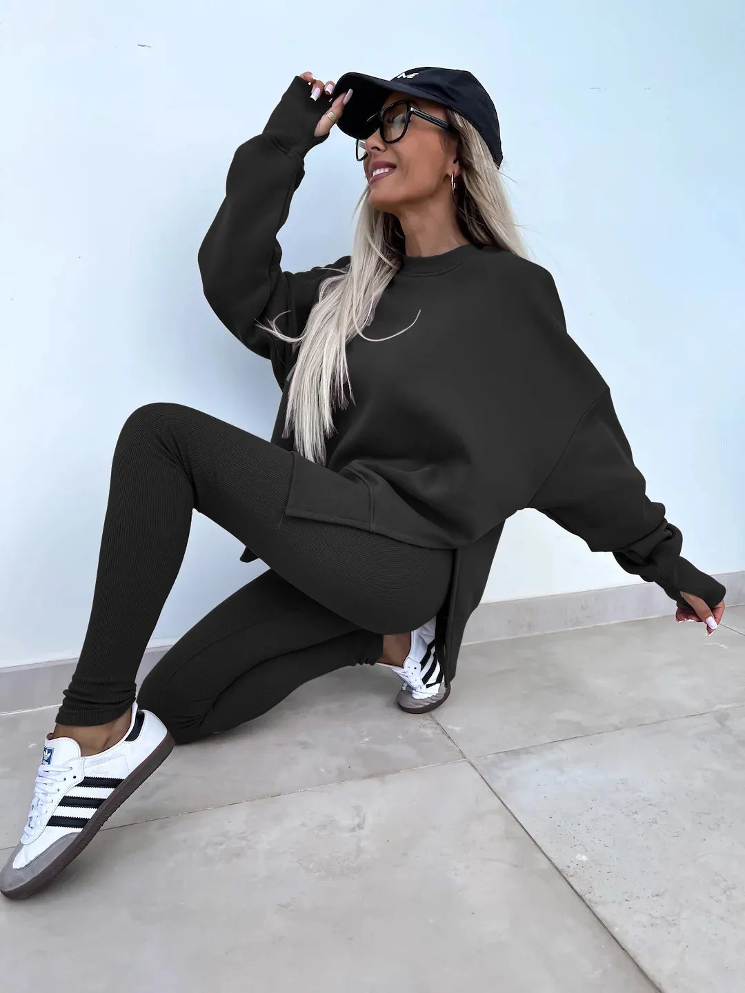 Crew Neck Split Top Leggings Set