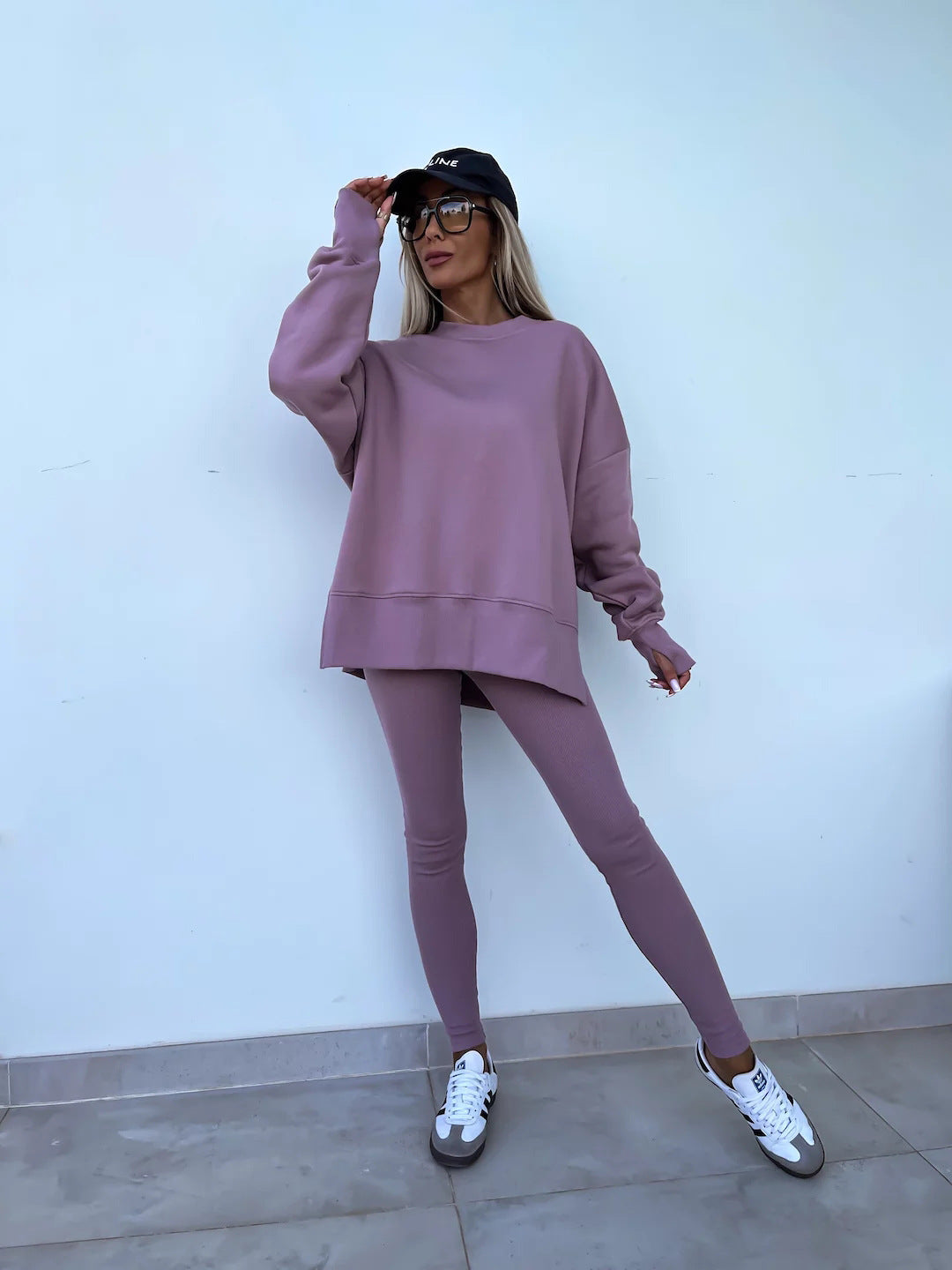 Crew Neck Split Top Leggings Set